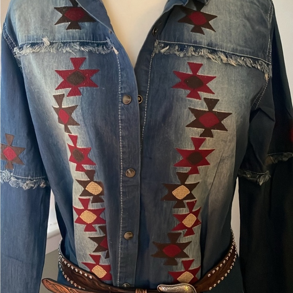 Tasha Polizzi Denim Dress with Southwestern Embroidery, Size Large ,